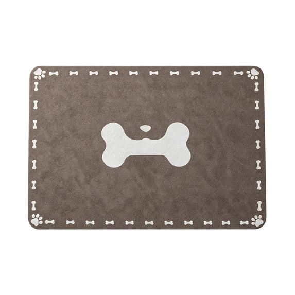 Pet Feeding Mat, 23.6inX15.7in Waterproof Quick-Dry Dog Cat Bowl Mat with Bone & Paw Print, Non-Slip, Brown