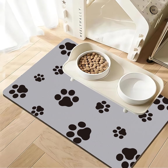 Pet Feeding Mat-Cat Dog Mat for Food and Water Bowl, Absorbent Quick Dry Food Mat Anti-Slip No Stains Dog Placemat with Footprints for Messy Drinkers,12"x20"