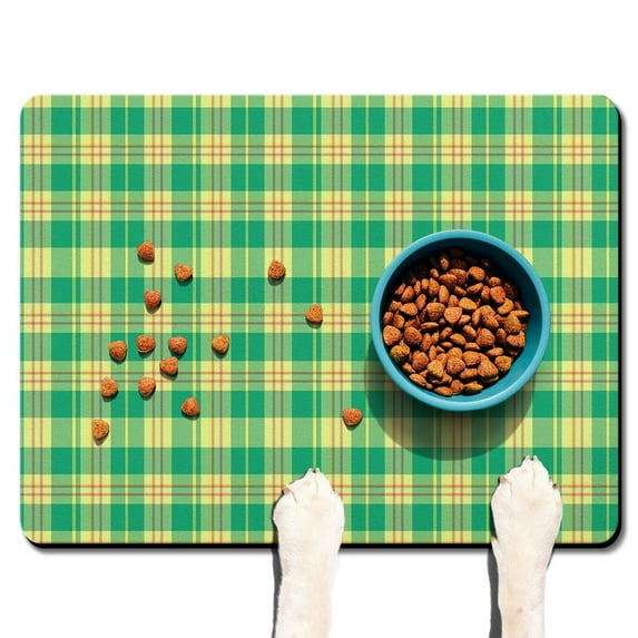 Pet Feeding Mat with Colorful Checkered Design, Durable Waterproof Dog Food Mat, Absorbent, Non-Slip, Quick Dry, Washable Mat Featuring Striped and Checkered Fusion Pattern