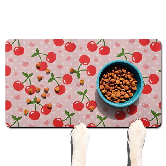 Pet Feeding Mat with Cute Cherry Lover Pattern, Durable Waterproof Dog Food Mat, Absorbent, Non-Slip, Quick Dry, Washable Mat Featuring Artistic Cherry Illustration