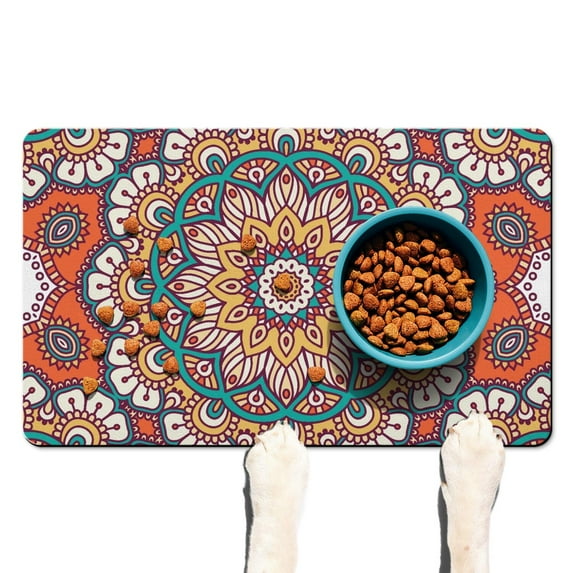 Pet Feeding Mat Featuring Cultural Exotic Meditation Mandala Pattern, Absorbent Waterproof Non-Slip Dog Food Mat Easy Clean