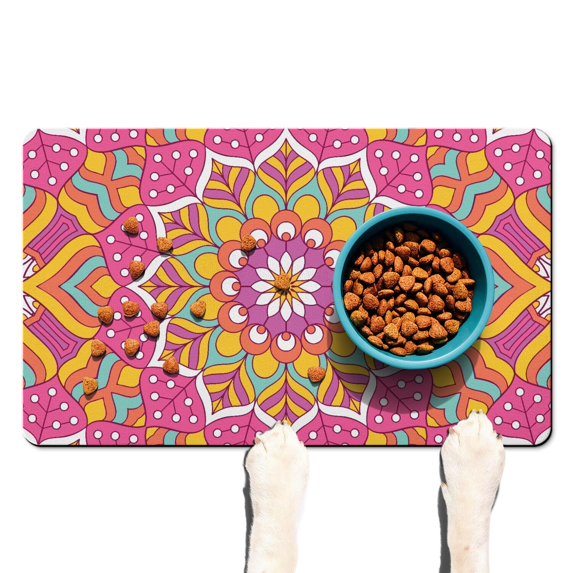 Pet Feeding Mat Featuring Cultural Exotic Meditation Mandala Pattern, Absorbent Waterproof Non-Slip Dog Food Mat Easy Clean