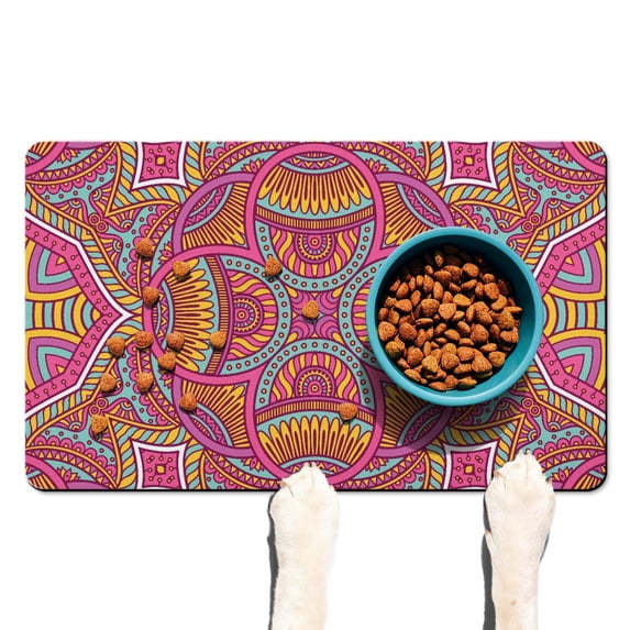 Pet Feeding Mat Featuring Cultural Exotic Meditation Mandala Pattern, Absorbent Waterproof Non-Slip Dog Food Mat Easy Clean