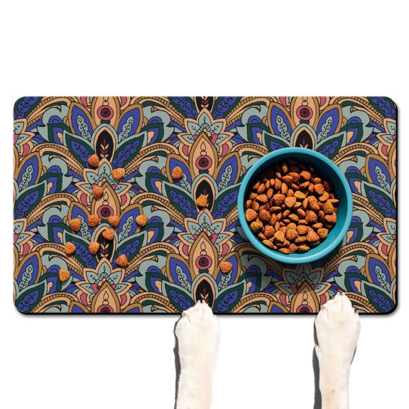 Pet Feeding Mat Featuring Decorative Paisley Print Mandala Inspired Exotic Paisley Artwork, Absorbent Waterproof Non-Slip