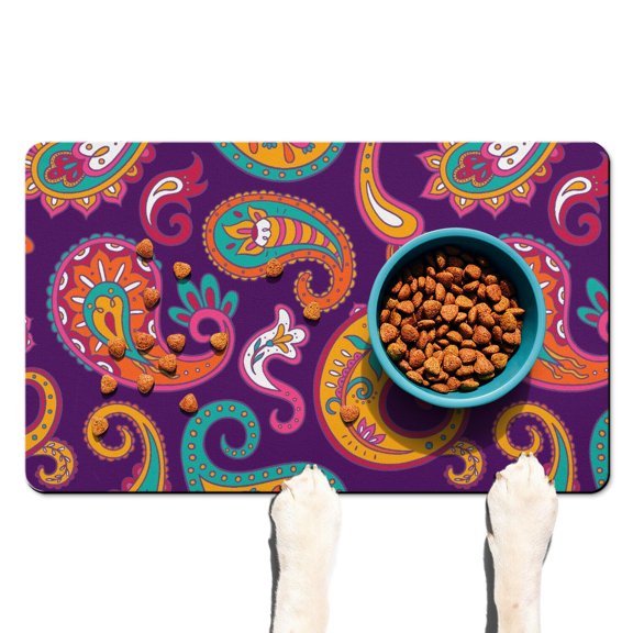 Pet Feeding Mat Featuring Decorative Paisley Print Mandala Inspired Exotic Paisley Artwork, Absorbent Waterproof Non-Slip