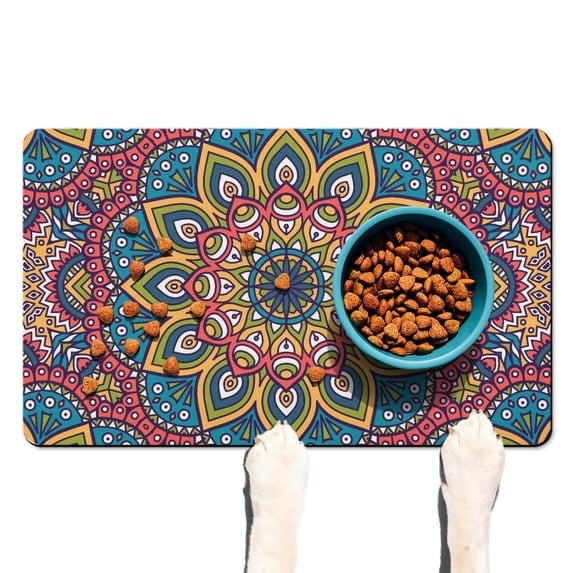 Pet Feeding Mat Featuring Ethnic Mandala Art Tribal Boho Design, Durable Waterproof Absorbent Non-Slip Dog Food Mat