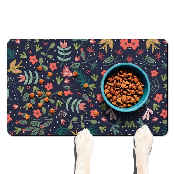Pet Feeding Mat Featuring Vintage Floral Print, Absorbent Waterproof Non-Slip Dog Food Mat Easy Clean