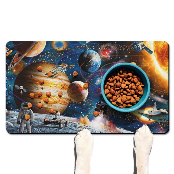 Pet Feeding Mat Outer Space Cute Celestial Star Constellation Moon and Stars Waterproof Absorbent Non-Slip Dog Food Mat