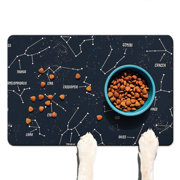 Pet Feeding Mat Outer Space Cute Celestial Star Constellation Moon and Stars Waterproof Absorbent Non-Slip Dog Food Mat