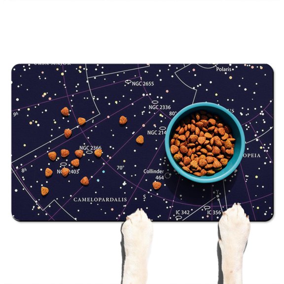 Pet Feeding Mat Outer Space Cute Celestial Star Constellation Moon and Stars Waterproof Absorbent Non-Slip Dog Food Mat