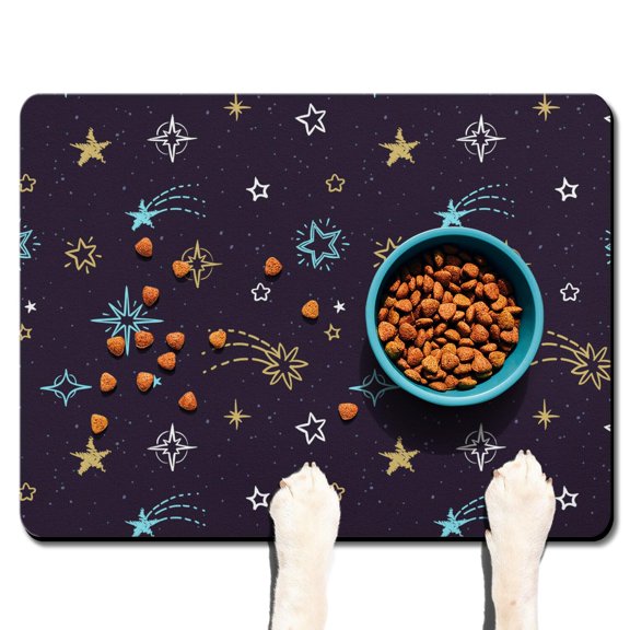 Pet Feeding Mat Outer Space Cute Celestial Star Constellation Moon and Stars Waterproof Absorbent Non-Slip Dog Food Mat