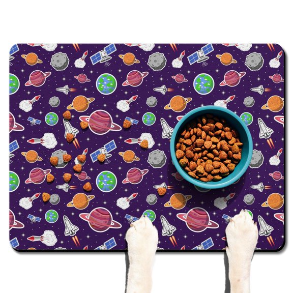 Pet Feeding Mat Outer Space Cute Celestial Star Constellation Moon and Stars Waterproof Absorbent Non-Slip Dog Food Mat