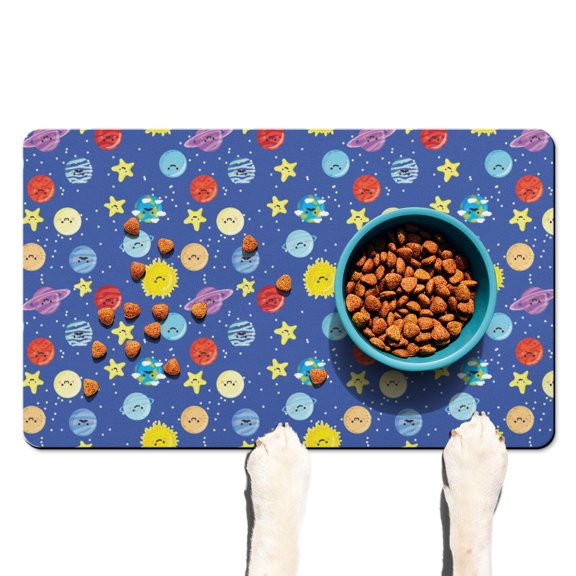 Pet Feeding Mat Outer Space Cute Celestial Star Constellation Moon and Stars Waterproof Absorbent Non-Slip Dog Food Mat