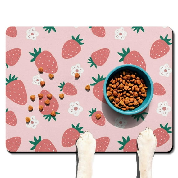 Pet Feeding Mat with Red Berry and Flowers Print, Durable Waterproof Dog Food Mat, Absorbent, Non-Slip, Quick Dry, Easy Clean Mat for Kitchen and Bathroom