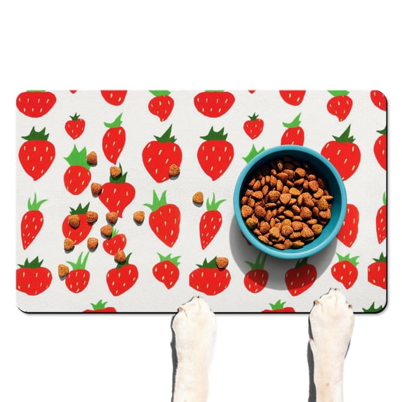 Pet Feeding Mat with Sweet Red Strawberry Print, Durable Waterproof Dog Food Mat, Non-Slip, Absorbent, Quick Dry, Washable Mat for Pet Feeding Area and Kitchen