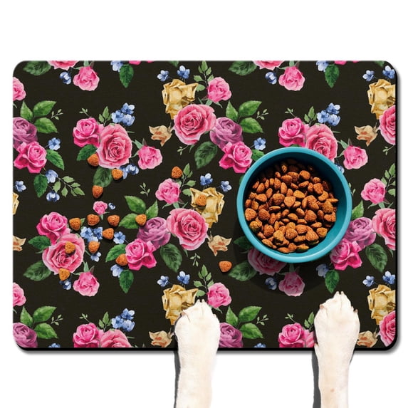 Pet Feeding Mat with Abstract Floral and Butterfly Artwork, Waterproof Absorbent Non-Slip Dog Food Mat