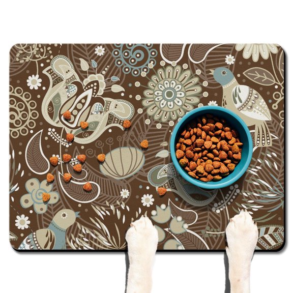 Pet Feeding Mat with Elegant Floral Paisley Boho Vintage Retro Abstract Decorative Pattern, Absorbent Waterproof Non-Slip