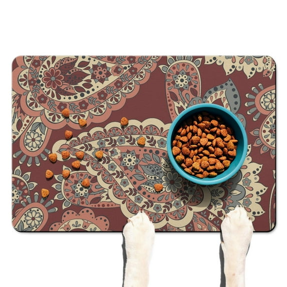Pet Feeding Mat with Elegant Floral Paisley Boho Vintage Retro Abstract Decorative Pattern, Absorbent Waterproof Non-Slip