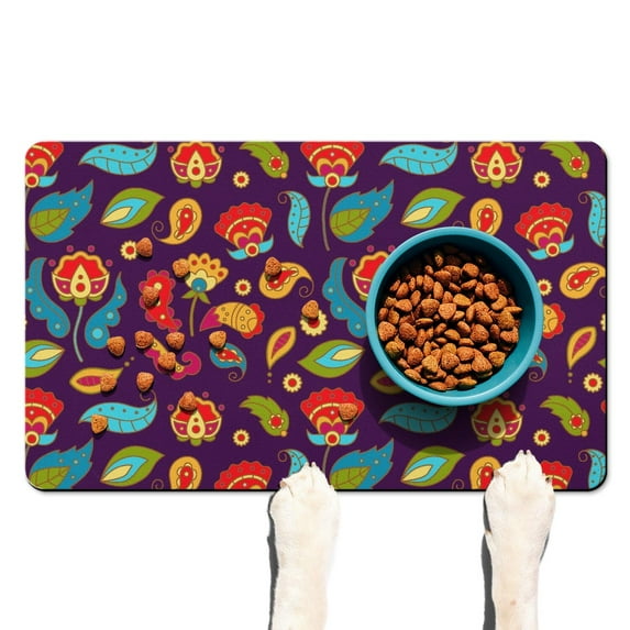 Pet Feeding Mat with Elegant Floral Paisley Boho Vintage Retro Abstract Decorative Pattern, Absorbent Waterproof Non-Slip