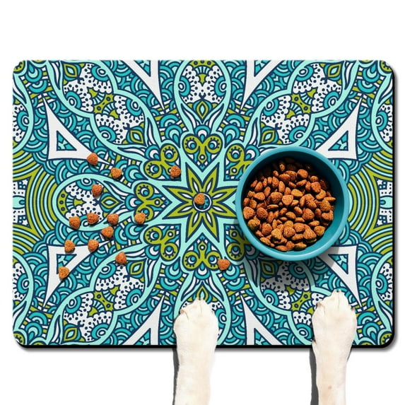 Pet Feeding Mat with Folk Geometric Pattern Ornament, Waterproof Absorbent Non-Slip Dog Food Mat Quick Dry Easy Clean