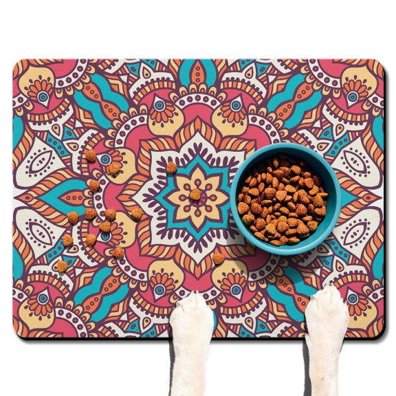 Pet Feeding Mat with Mandala Symbolic Geometric Pattern, Absorbent Waterproof Non-Slip Dog Food Mat for Dogs and Cats