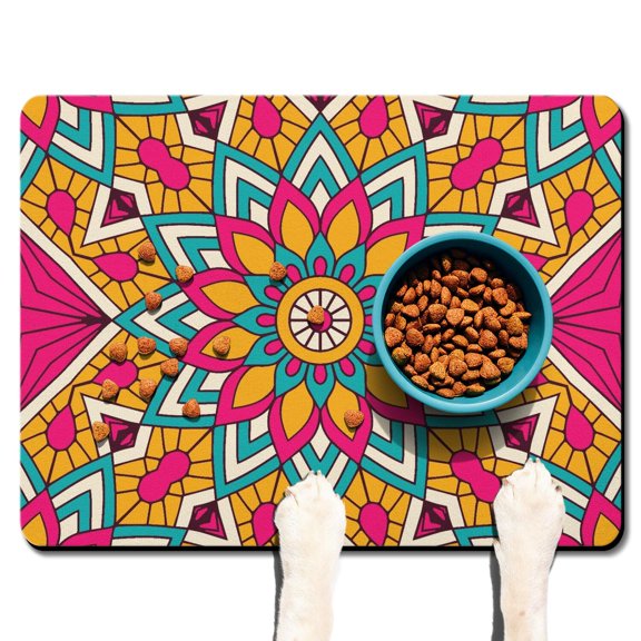 Pet Feeding Mat with Mystic Cultural Exotic Traditional Meditation Pattern, Durable Waterproof Absorbent Non-Slip Dog Food Mat Easy Clean