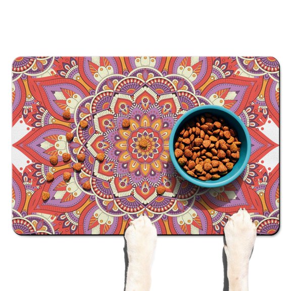 Pet Feeding Mat with Ornamental Decorative Art Sacred Symbolic Design, Absorbent Waterproof Non-Slip Dog Food Mat Quick Dry