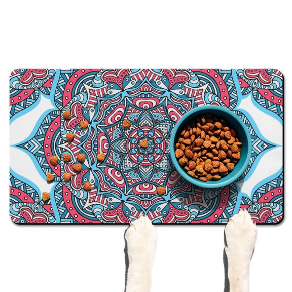 Pet Feeding Mat with Traditional Sacred Mandala Design, Absorbent Non-Slip Dog Food Mat for Dogs and Cats