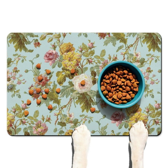Pet Feeding Mat with Vintage Floral Print, Waterproof Absorbent Non-Slip Dog Food Mat Quick Dry Easy Clean for Dog and Cat Feeding Areas
