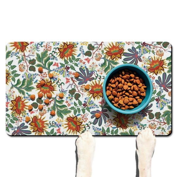 Pet Feeding Mat with Vintage Wildflower Print, Absorbent Non-Slip Dog Food Mat Quick Dry Easy Clean for Dog and Cat Feeding Areas