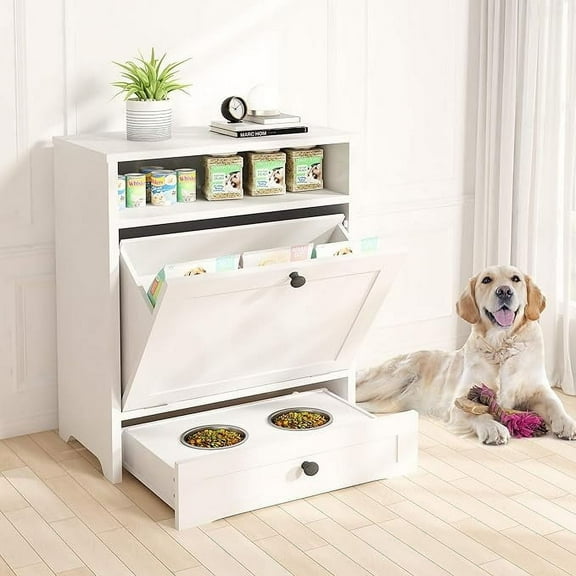 Pet feeding station with two elevated dog bowls and storage space with 2 tier dog and cat food organizer. Suitable for pet dogs and cats. White color