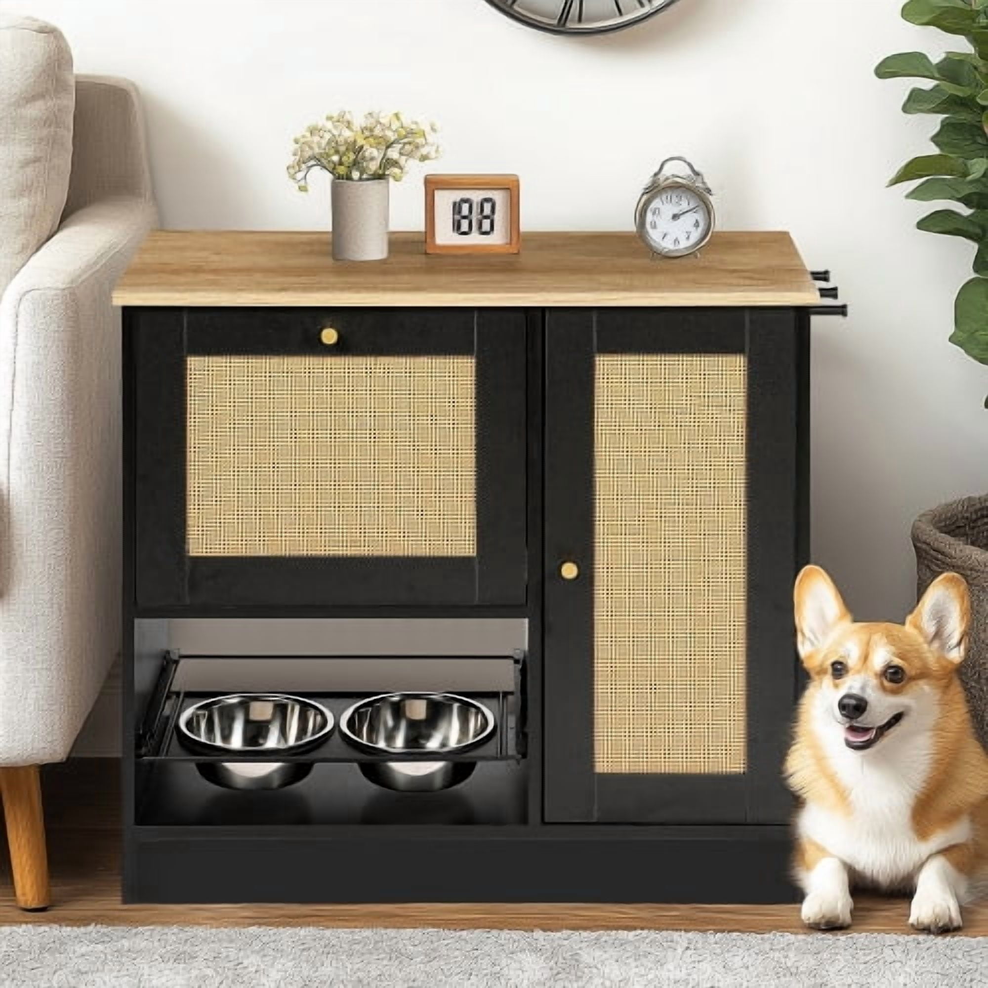 Pet Feeding Station with 2 Lockers and Elevated Dog Bowls Side Hooks Anti-Tipping Kit Rattan Door for Kitchen and Living Room, Black and Vintage