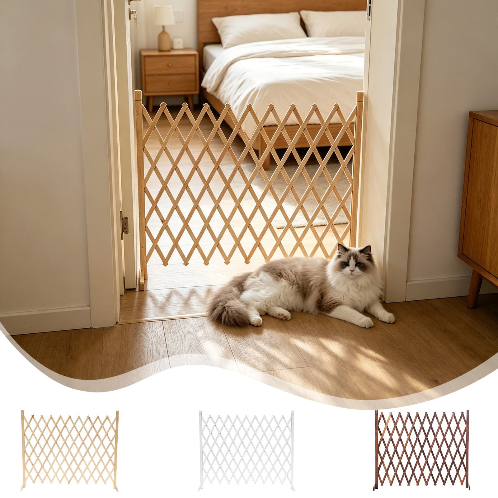 Pet Fence Indoor No-Drill Gate • Retractable Wood Barrier • Strong Snap Mount, Jumping-Proof Isolation Net • Staircase Entrance Dog Cat Safety Guard