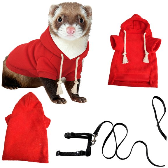 Pet Ferrets Fleece Hoodie and Leash Harness Set For Winter Warmth