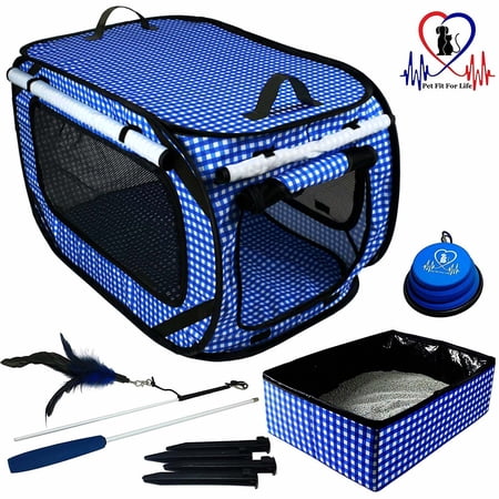 Pet Fit For Life Extra Large (32"x19"x19") Collapsible/Portable Cat Cage/Condo with Portable Litter Box and Bonus Cat Feather Toy and Collapsible Water/Food Bowl Large - 32" x 19" x 19"