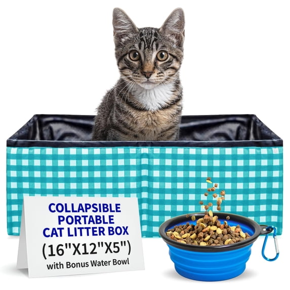 Pet Fit For Life - Vibrant Collapsible Travel Cat Litter Box - Portable, Foldable, Compact Design with Bonus Water Bowl - Ideal for Car & Camping - Reusable, Cats Safe - Teal, (16"x12"x5")