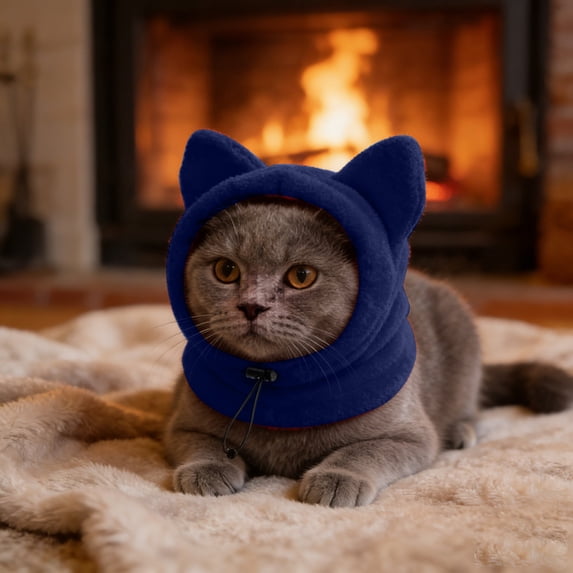 Pet Hood Dog Cat Snood Winter Warm Ears Design Adjustable Drawstring Cold Weather Pet Head Neck Warmer(Blue-31.5Cm)