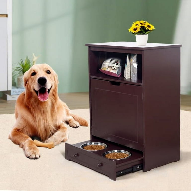 Pet Food Feeder Station Storage Cabinet with Double Pull Out Dog Bowl,  Wooden Dog Food Storage and Feeding Station, Dog and Cat Toy Bin Storage