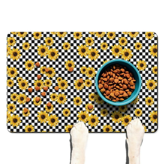 Pet Food Mat Absorbent Water Non-Skid Dog Water Mat Sunflower Buffalo Plaid Cat Mat for Food Eco-Friendly Durable Pet Placemat