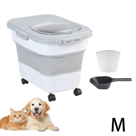 Pet Food Storage Container with Measuring Cup and Shovel, Collapsible Dog Cat Food Storage Bin, with Lid and Handle for Home Use