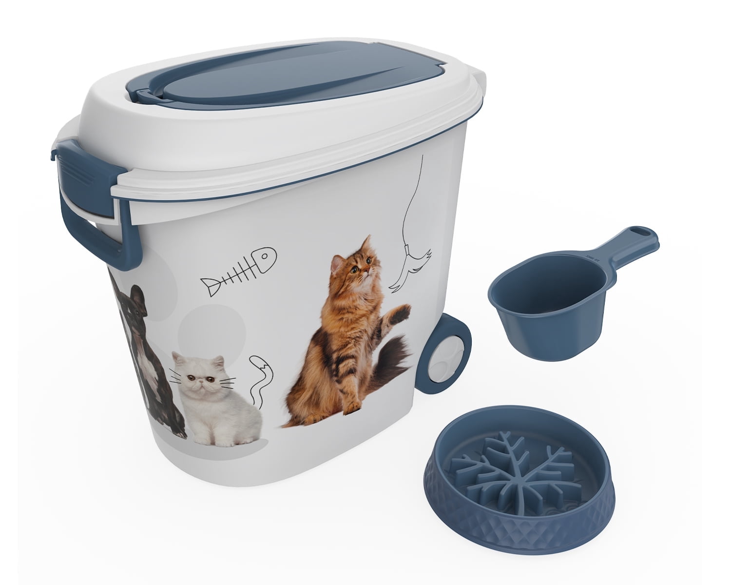 Pet Food Storage Container with Wheels Resin 40LB Capacity Dog Food Container with Slow Feeder Bowl and Scoop Easy to Move to Keep Food Fresh for Dogs, Cats, Birds