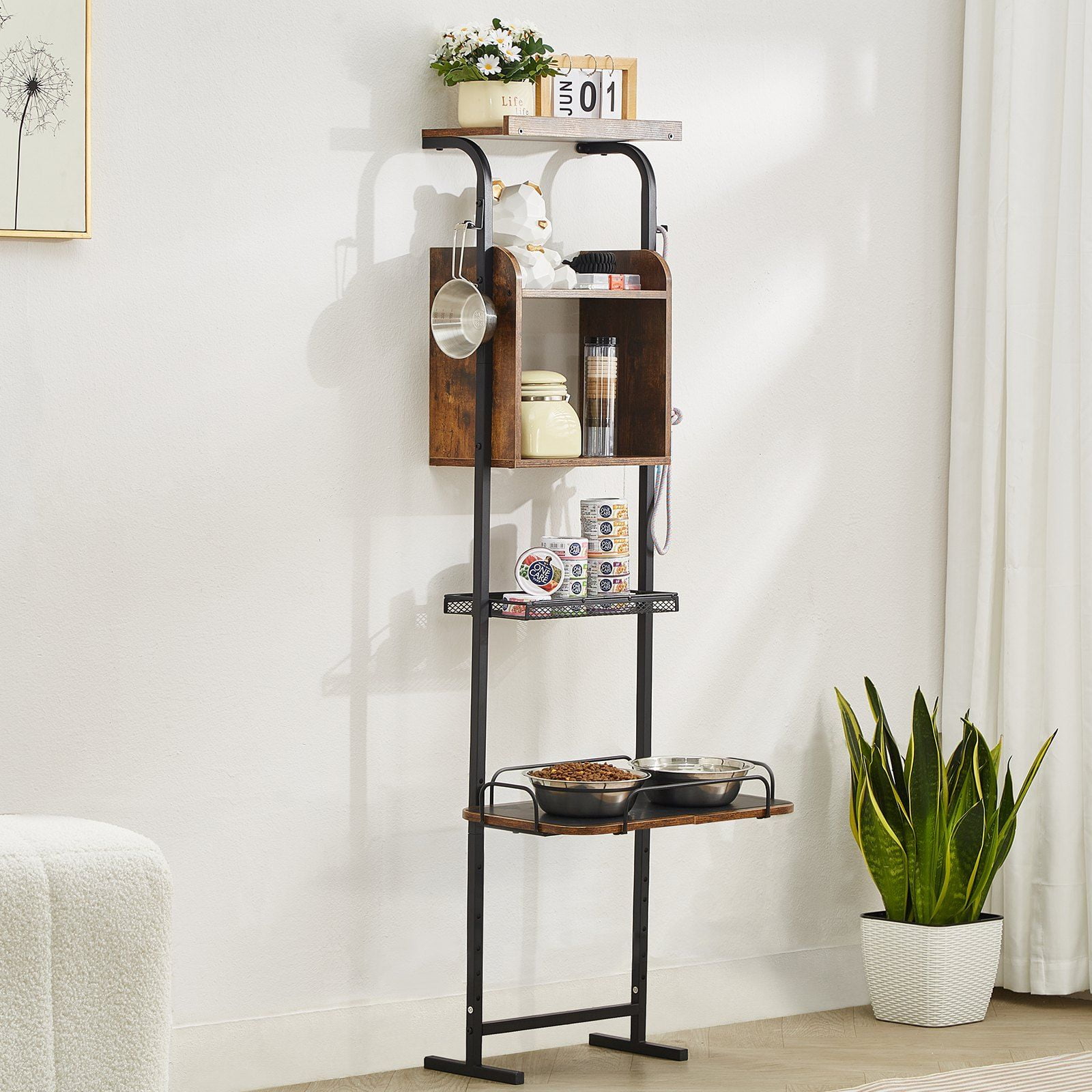 Pet Food Storage & Feeding Station - Raised Dog Bowls with Toy Organizer, Sturdy Elevated Feeder