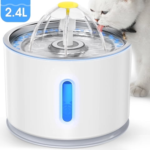 Qunler Cat Water Fountain, 80oz Automatic Pet Drinking Fountain with Stainless Steel Bowl, Ultra-Quiet Circulating Filter System with LED Light for Cats