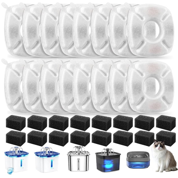 Pet Fountain Filters Replacement 32 Pcs, Triple Filtration with Activated Carbon & Ion Exchange Resin for Veken 67oz 95oz 135oz Pet Water Fountain