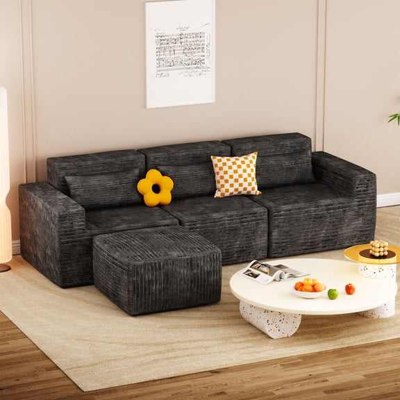 Pet-Friendly Comfy Modular Sectional Sofa, Movable Upholstered Couch for Home Living Room (3 Seat + 1 Ottoman, Black)