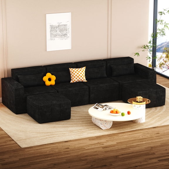 Pet-Friendly Comfy Modular Sectional Sofa, Movable Upholstered Couch for Home Living Room (4 Seat   2 Ottoman, Black)