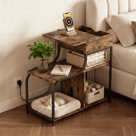 Laitimia 27''L End Table with Charging Station, Modern Side Table Nightstand with Cat Nest Space, Multi Storage, for Living Room Bedroom
