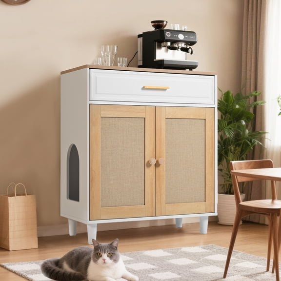 Pet-Friendly Furniture Style Cat Litter Box House with Sisal Scratching Door and Charging Socket, Beige+White MDF