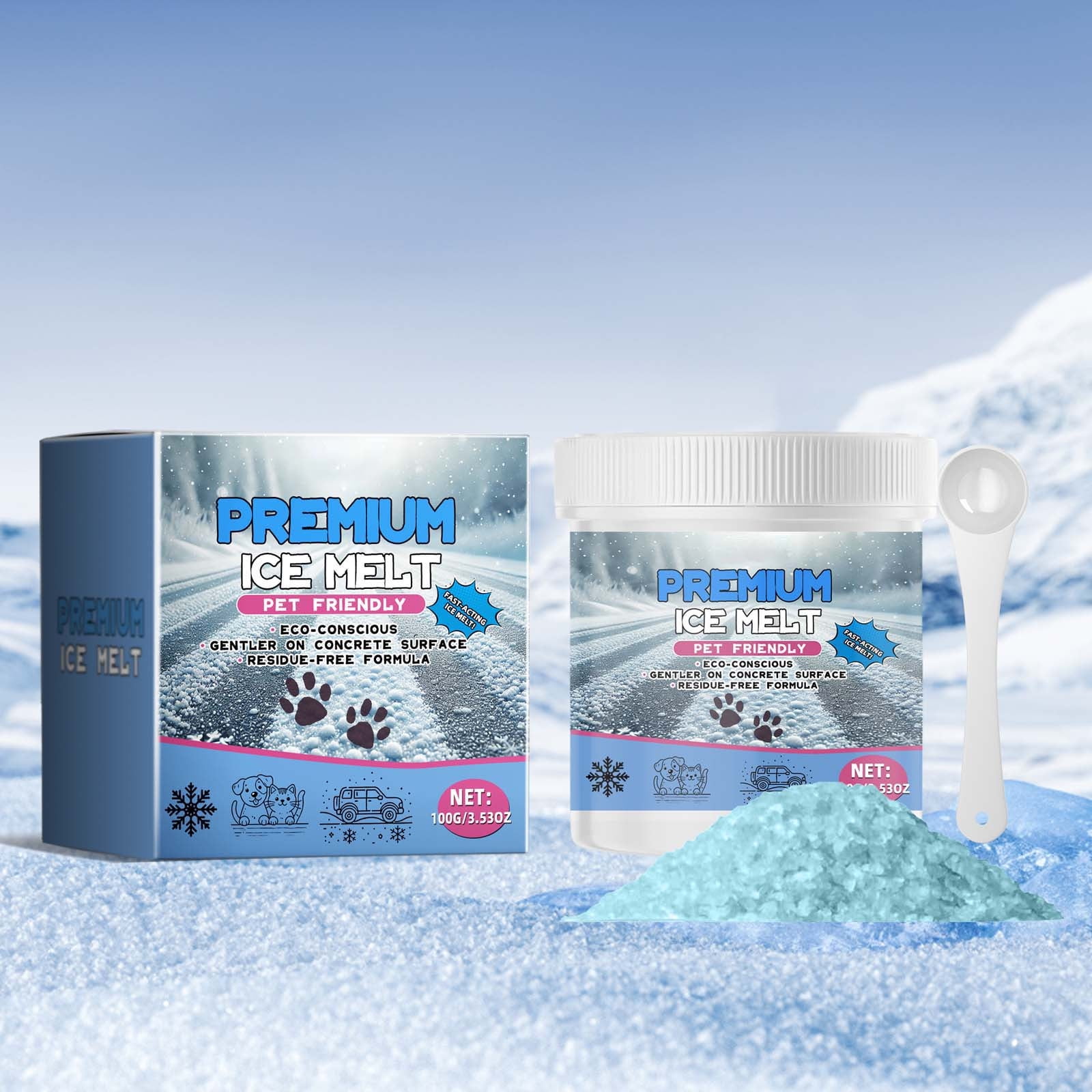 Pet Friendly Ice Melt Safe for Concrete Fast Acting Sodium Chloride Ice Melt Pet Safe Ice and Snow Melter 3.53 oz