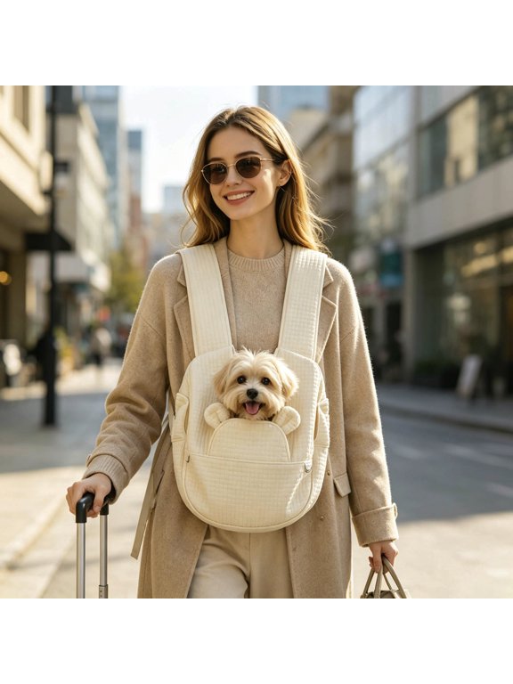 Pet Front Carrier Backpack Breathable Quilted Fabric Dog Cat Chest Carrier with Bear Ear Cross Adjustable Strap Travel Sling Bag For Small Puppy Kitten